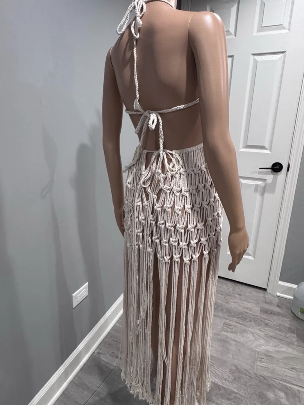 Boho Crochet Macrame Fringe Halter Dress - Cream - Picture 4 of 4